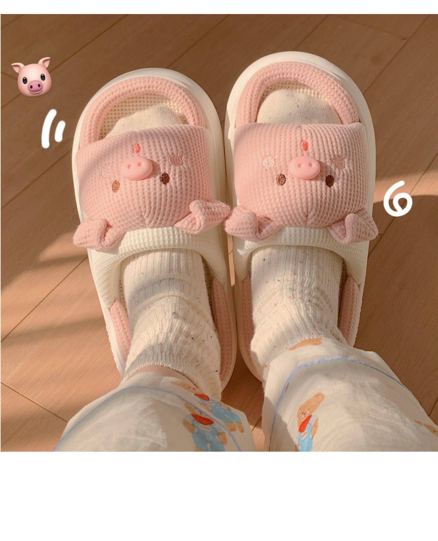Slippers Cute Pig Cotton Slippers Winter Home Slippers Women's Bedroom Four Seasons Universal Soft Thick Indoor Linen Slippers 230817
