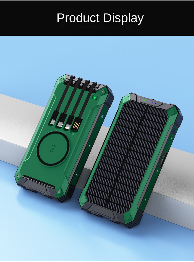 Solar Wireless Charger Power Bank 10000 20000mAh Built in 4 Cables Five Outputs Fast Charging for USB Type-A C Mobile Devices with Dual Flashlights Ca