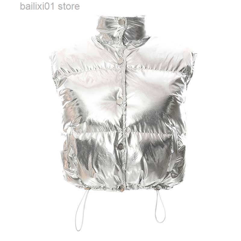 Women's Vests Silver Gilding Parkas Vest 2022 Winter Women Puffy Stand Collar Sleeveless Zipper Cropped Cotton Padded Jackets Bread Coat T230817