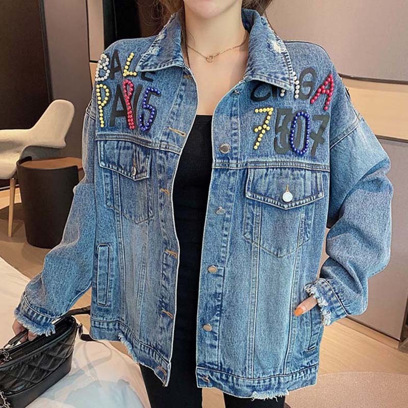 Women's Jackets Spring and Autumn Bear Diamonds Denim Jackets for Women Pearl Letter Jean Coats and Jackets Oversize Streetwear Woman 230817