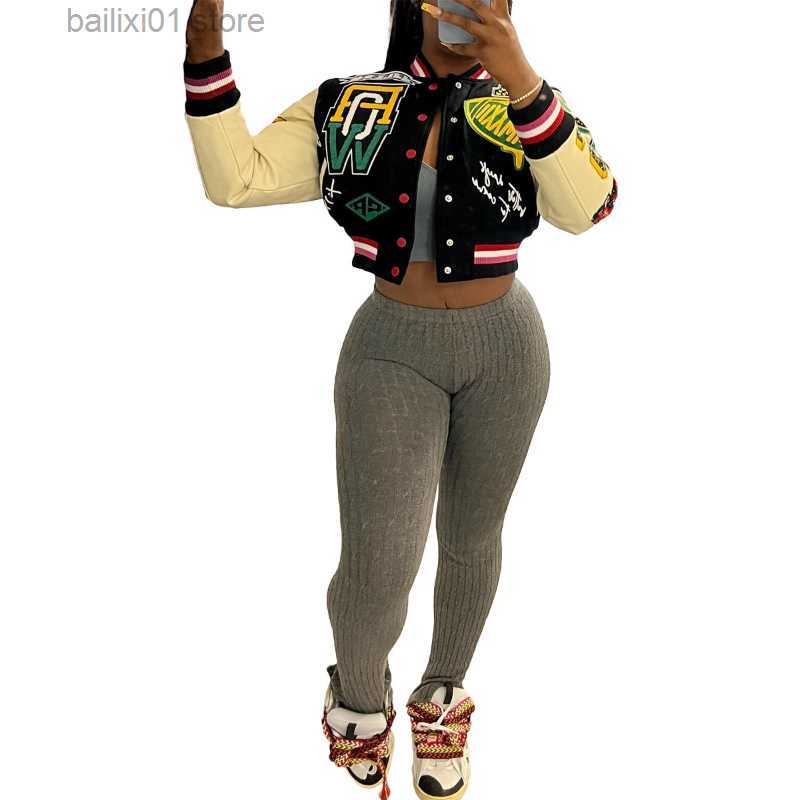 Women's Jackets Letter Printed Patchwork Baseball Jackets 2022 Fall Single Breasted Long Sleeve Short Coats Female Streetwear Crop Tops T230817