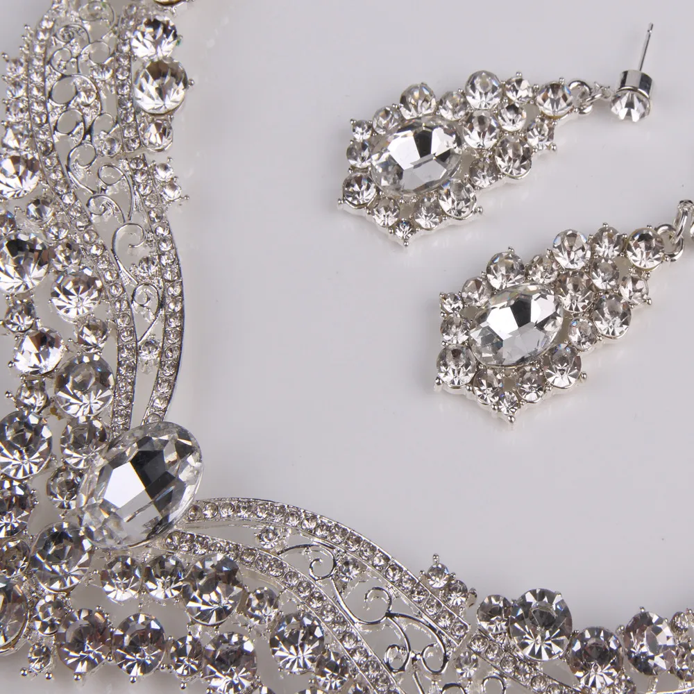 Full Crystal Bridal Wedding Jewelry Sets Silver Color Rhinestone Women Earrings Necklace Sets Engagement Jewelry forZZ