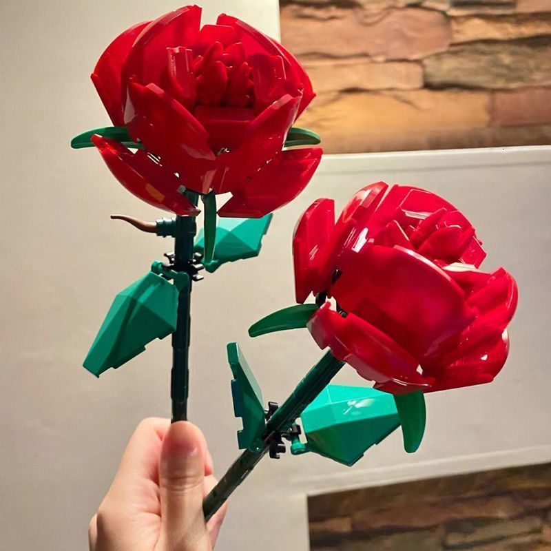 Blocks MOC Romantic Rose Flowers Building Block 3D Model Plants Gardens DIY Potted Bricks Fomantic Illustration Kit Girl Gift 10803 230817