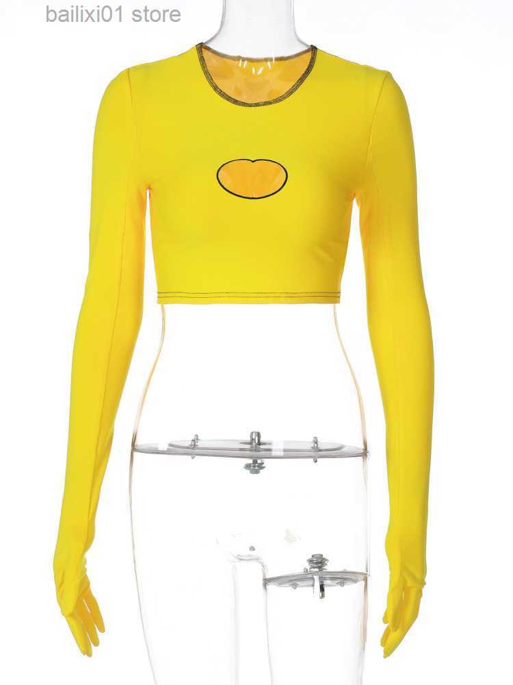 Women's T-Shirt Hugcitar Women Fall Fashion Solid Long Sleeve With Gloves Hollow Out Bodycon Sexy Crop Top Tshirt Vintage Streetwear Y2K Party T2