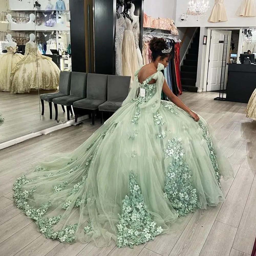 Mint Green Quinceanera Dress Off Shoulder Appliques Sequins Flowers Party Princess Sweet 16 Ball Gown Vestidos De 15 Anos