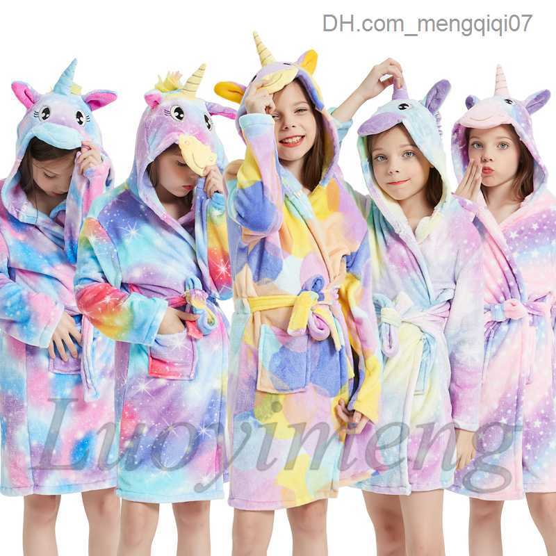 Towels Robes Baby girl unicorn pajamas winter warm bath children's clothing robe hooded full set baby bath towel animal bath towel Z230819