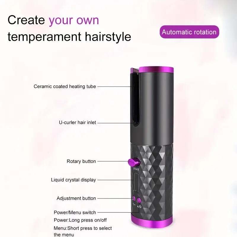 Rechargeable Ceramic Hair Curler - Wireless Auto Rotary Hair Curler for Women - Portable and Easy to Use