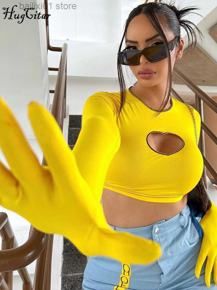 Women's T-Shirt Hugcitar Women Fall Fashion Solid Long Sleeve With Gloves Hollow Out Bodycon Sexy Crop Top Tshirt Vintage Streetwear Y2K Party T2