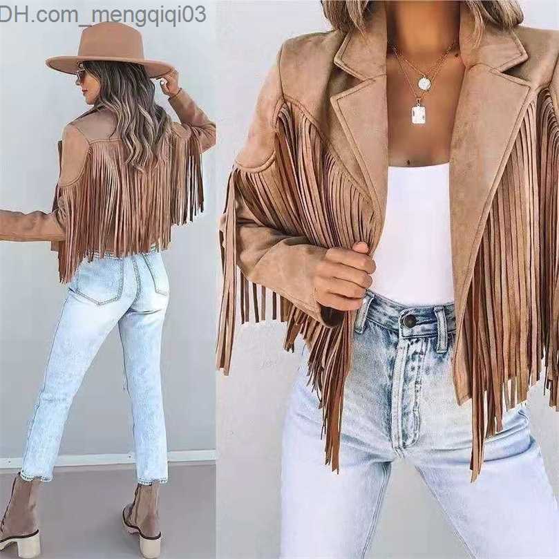 Women's Jackets Womens Jackets Women Y2k Fringed Hem Tassel Cardigan Crop Tops Egirl Motor Biker Jacket Suede Leather Jacket 90s Vintage Z230819