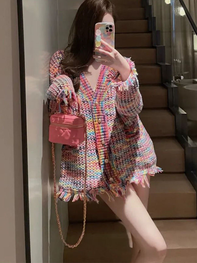 Womens Knits Tees Autumn Rainbow Color Knitted Sweater Women Fashion Tassel Decoration Cardigan Vintage SingleBreasted Causal Tops 230818