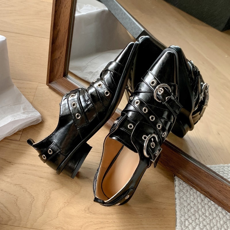 Dress Shoes fashion punk buckle genuine leather pumps women dress shoes pointed toe shoes woman pumps low thick heels basic lady shoes black 230817