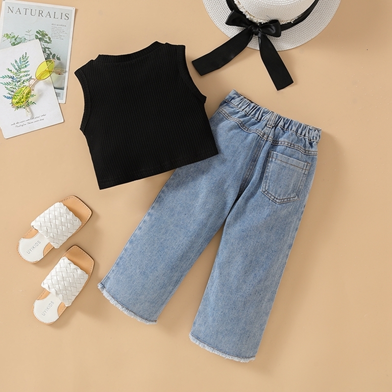 Clothing Sets Fashion Summer Infant Baby Girls 2pcs Clothes Outfits Suits Sleeveless Knitted Tank Tops Heart Print Jeans Denim Pants Kids Suit 230818