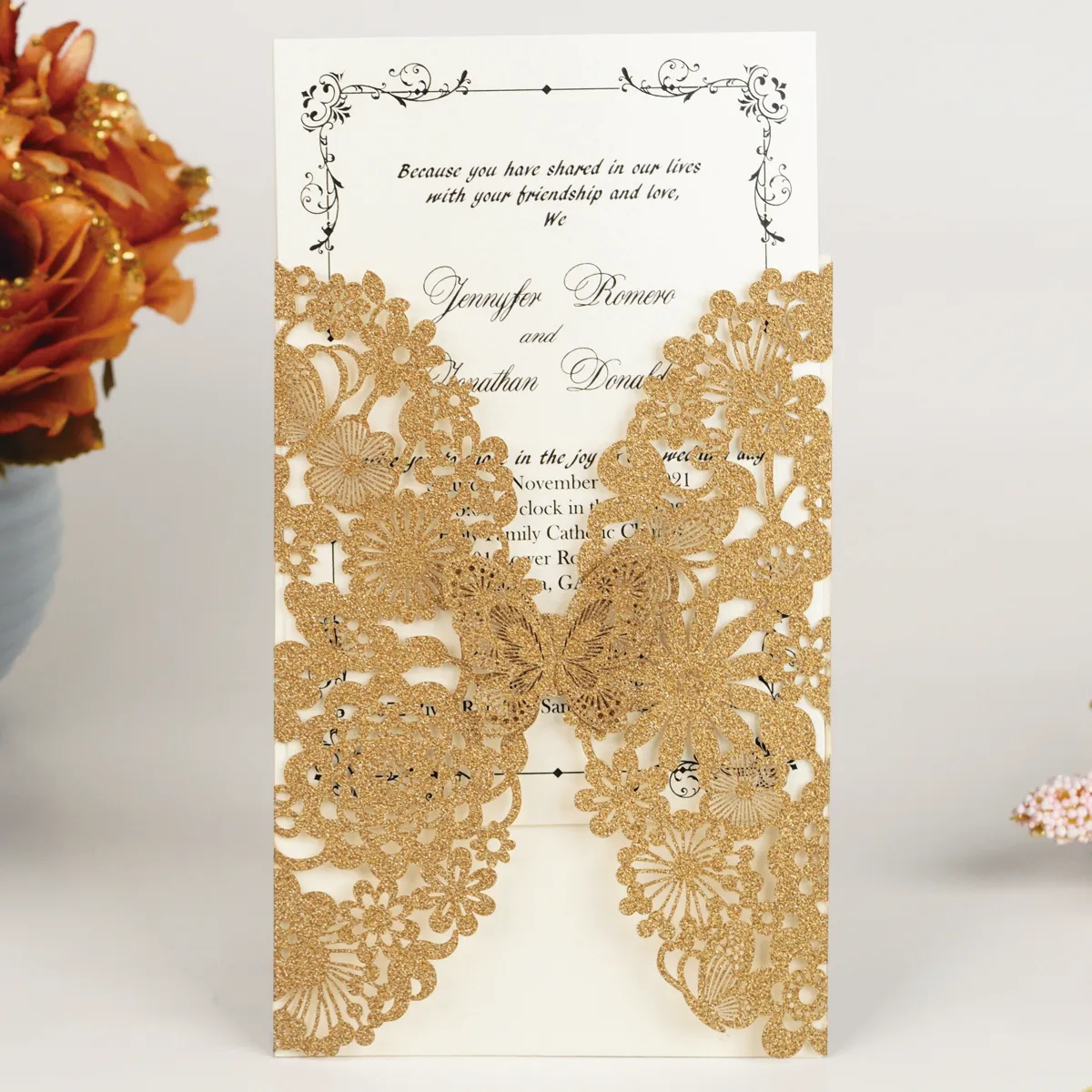 50PCS Laser Cut Wedding Invitation Cards with Butterfly and Envelopes Glitter Lace Flora Customized Printed Invitations for ZZ
