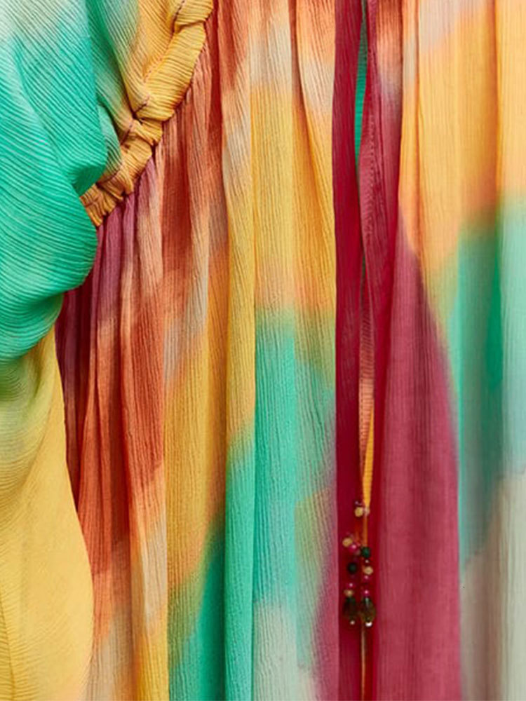 Basic Casual Dresses Women Summer Tie Dye Contrasting Color Dress Holiday Female V Neck Lace Up Loose Long Lady Beachwear Vestido 230817