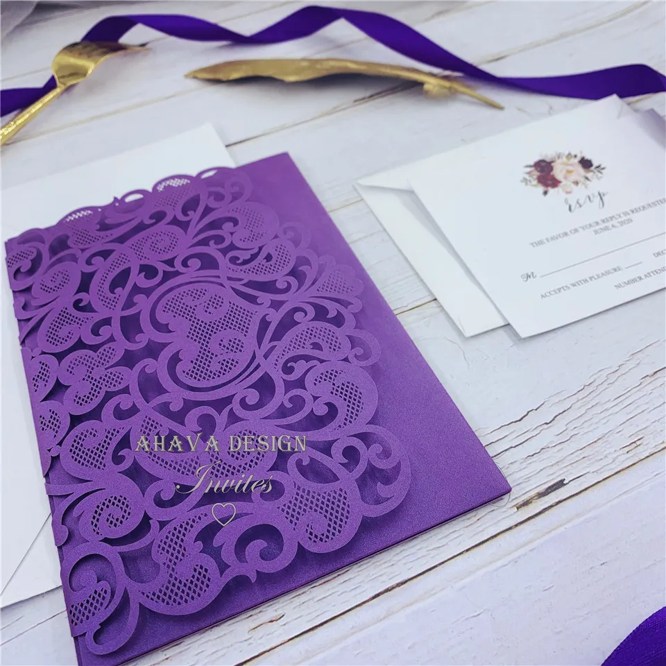 Pink Lace Flower Wedding Invitation With Envelope DIY Fold Personalized Print Greeting Cards For Bridal Shower Quinceanera PartyZZ