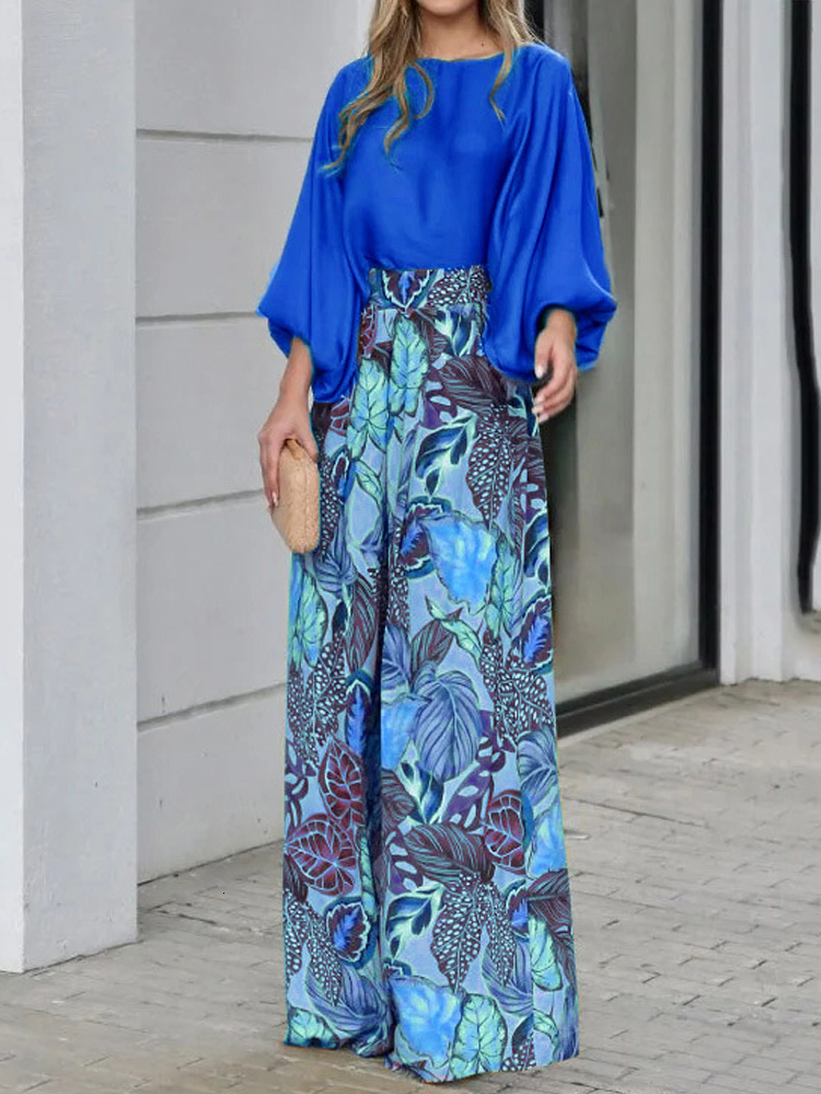 Womens Two Piece Pants Cross border Foreign Trade Summer Set Loose Lantern Sleeve Tshirt Top Printed Wide Leg 230818