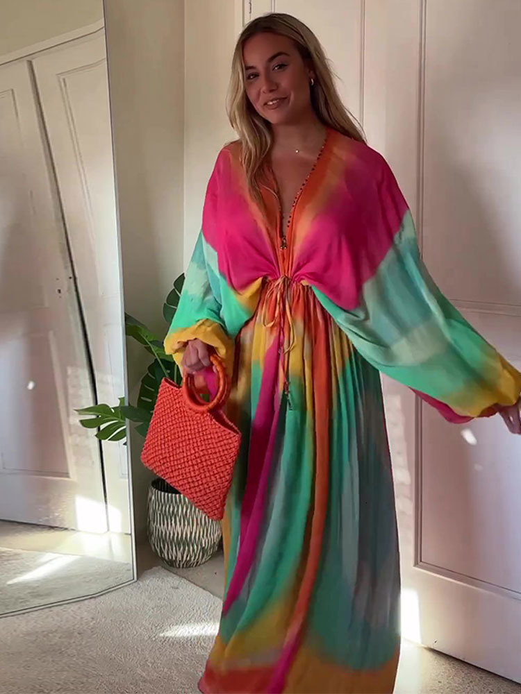 Basic Casual Dresses Women Summer Tie Dye Contrasting Color Dress Holiday Female V Neck Lace Up Loose Long Lady Beachwear Vestido 230817