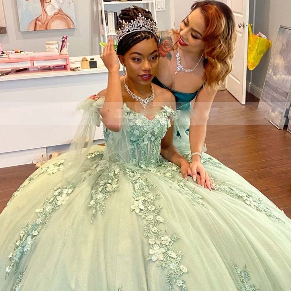 Mint Green Quinceanera Dress Off Shoulder Appliques Sequins Flowers Party Princess Sweet 16 Ball Gown Vestidos De 15 Anos
