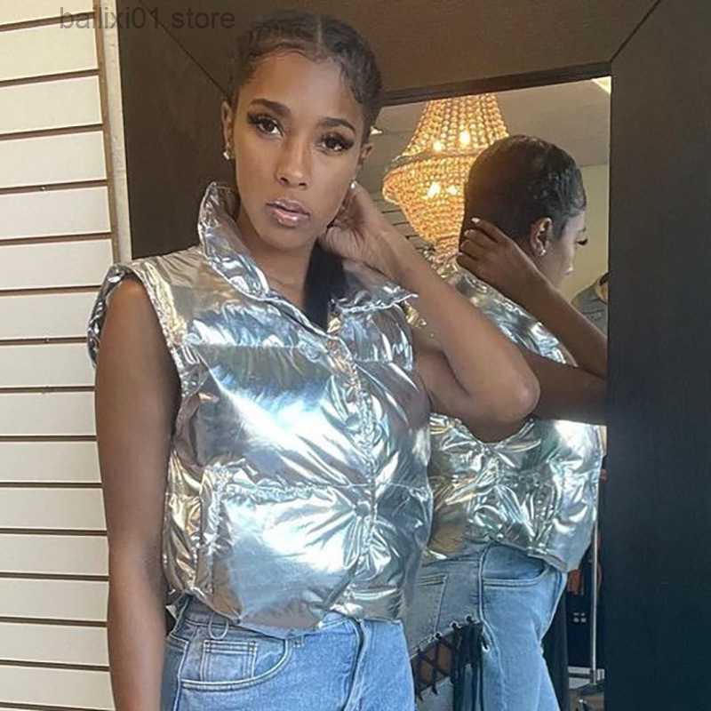 Women's Vests Silver Gilding Parkas Vest 2022 Winter Women Puffy Stand Collar Sleeveless Zipper Cropped Cotton Padded Jackets Bread Coat T230817