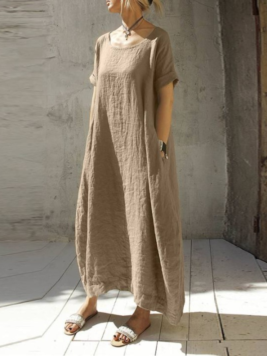 Basic Casual Dresses Summer Women Dress Solid Color ONeck Pocket Short Sleeve Loose Elegant Vintage Fashion Long 230817