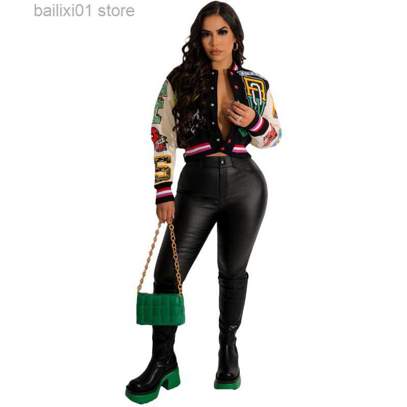 Women's Jackets Letter Printed Patchwork Baseball Jackets 2022 Fall Single Breasted Long Sleeve Short Coats Female Streetwear Crop Tops T230817