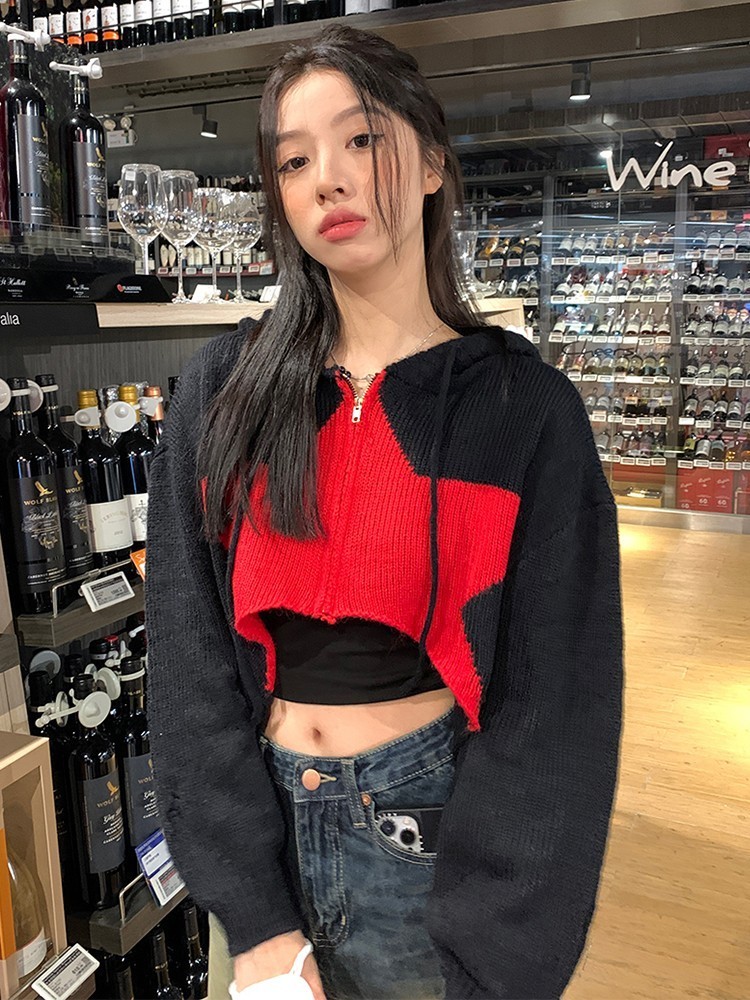 Womens Knits Tees Tonngirls Y2k Retro Cardigan Women Patchwork Stars Sweater Vintage Knitted Cropped Hooded Streetwear Cashmere 230818