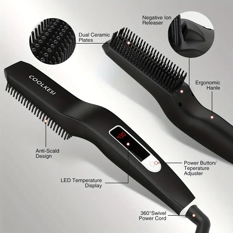 Ionic Hair Beard Straightener Comb Anti-Scald Ceramic Heated Beard Brush Portable Beard Straightening Comb With 6 Adjustable Temperature Setting