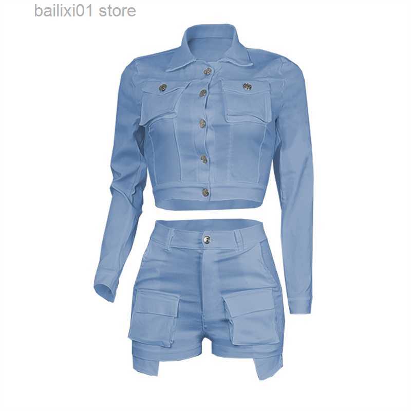 Women's Two Piece Pants Solid Multi Pockets Cargo Two Piece Set Women Turn Down Collar Long Sleeve Single Breasted Shirts Crop Top Matching Short