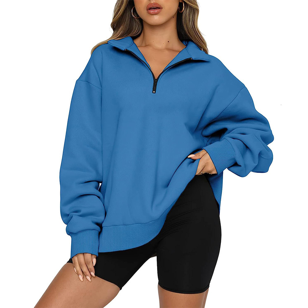 Womens Hoodies Sweatshirts Autumn Oversized Quarter 14 Zip Lapel Collar Long sleeve Drop Shoulder Solid Pullover Jumper Top 230818