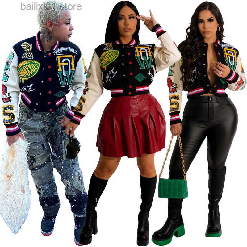 Women's Jackets Letter Printed Patchwork Baseball Jackets 2022 Fall Single Breasted Long Sleeve Short Coats Female Streetwear Crop Tops T230817