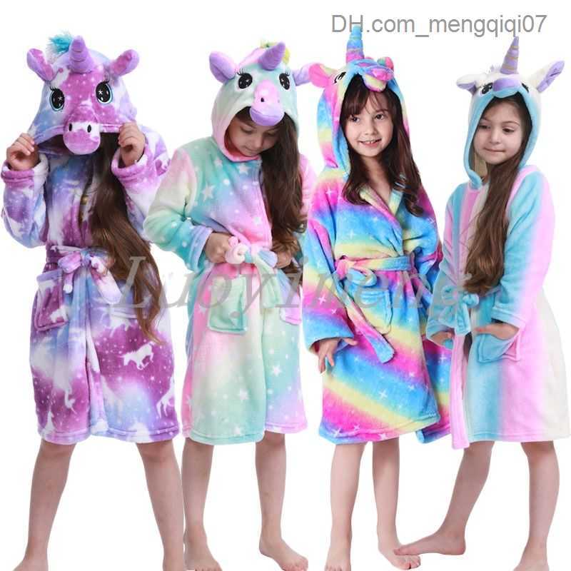 Towels Robes Baby girl unicorn pajamas winter warm bath children's clothing robe hooded full set baby bath towel animal bath towel Z230819