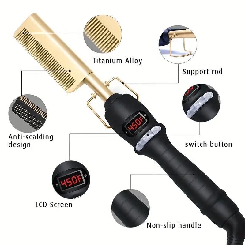 Professional Electric Hot Comb for Smooth and Shiny Hair - Ceramic Hair Straightener and Curling Iron Brush