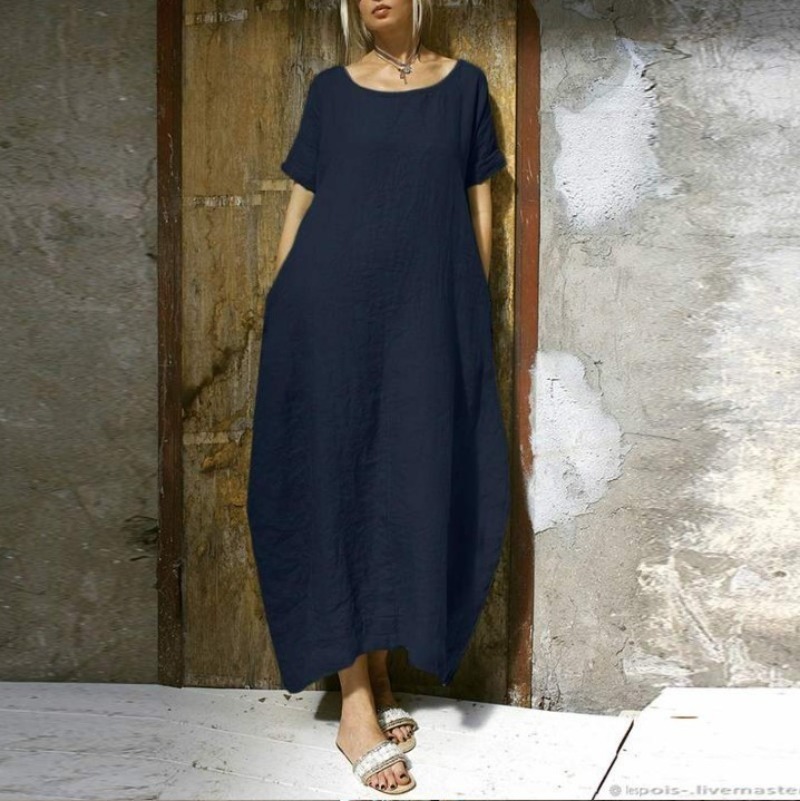 Basic Casual Dresses Summer Women Dress Solid Color ONeck Pocket Short Sleeve Loose Elegant Vintage Fashion Long 230817