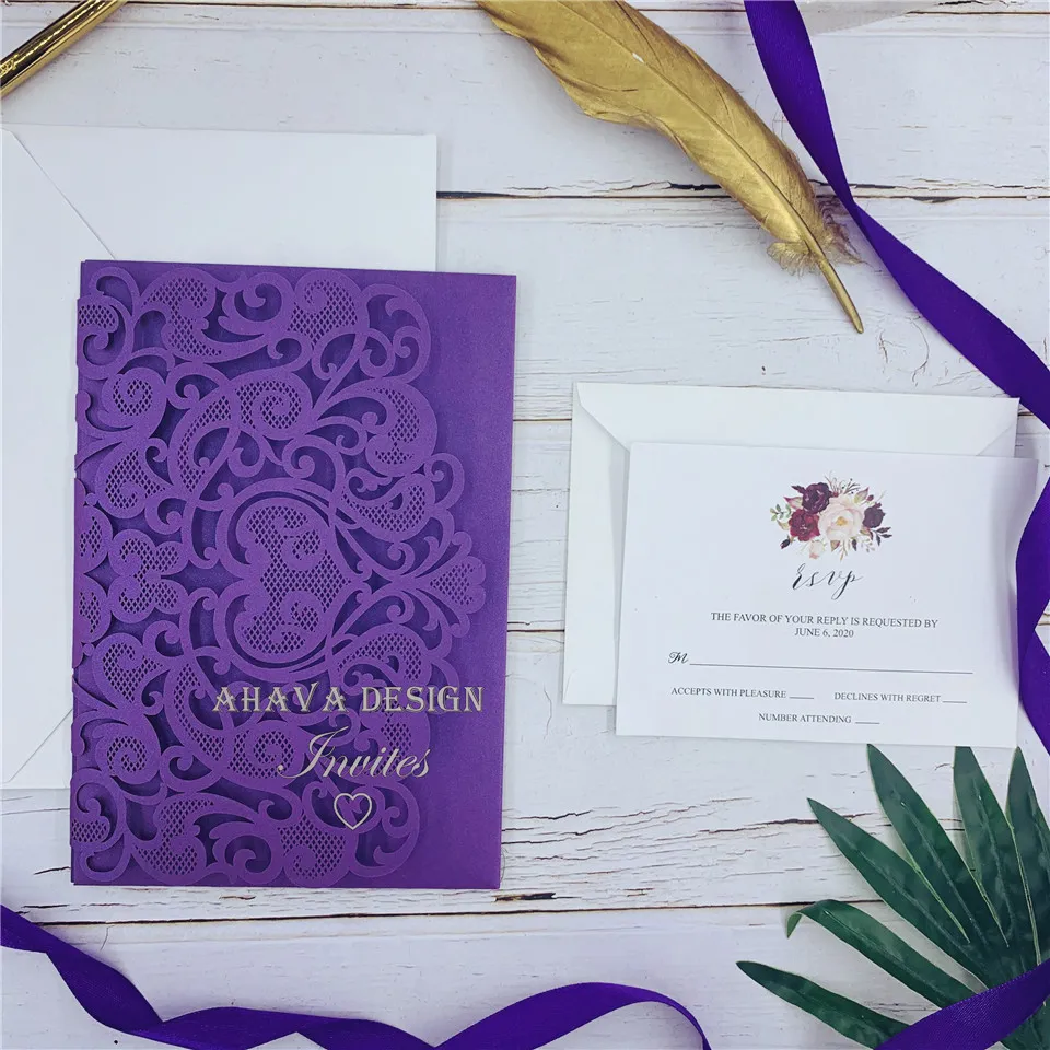 Pink Lace Flower Wedding Invitation With Envelope DIY Fold Personalized Print Greeting Cards For Bridal Shower Quinceanera PartyZZ