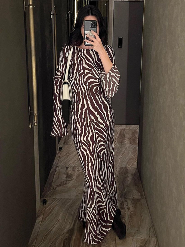 Urban Sexy Dresses Ladies Elegant Floral Print Flare Sleeve Chiffon Maxi Dress Summer Women O Neck Printing Slim Beach Holiday Party Vestido 230818