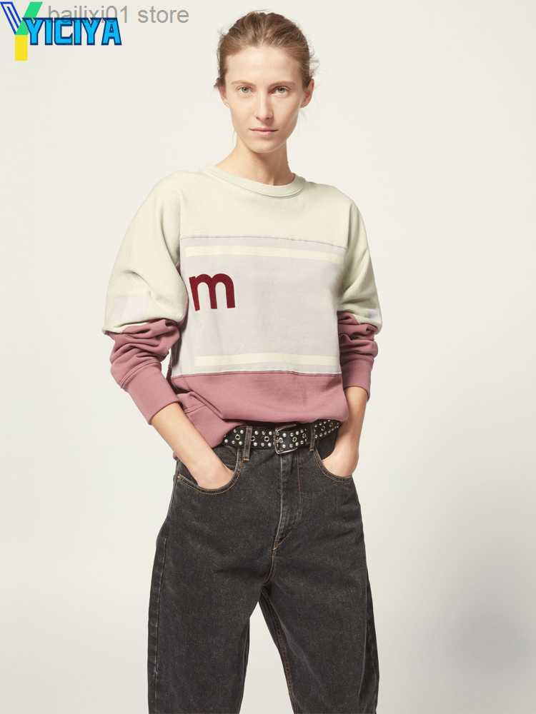 Women's Hoodies Sweatshirts HOOD Patchwork Striped Contrast Long Sleeve Flocked Print Top French 2023 Winter Women Y2k T230817