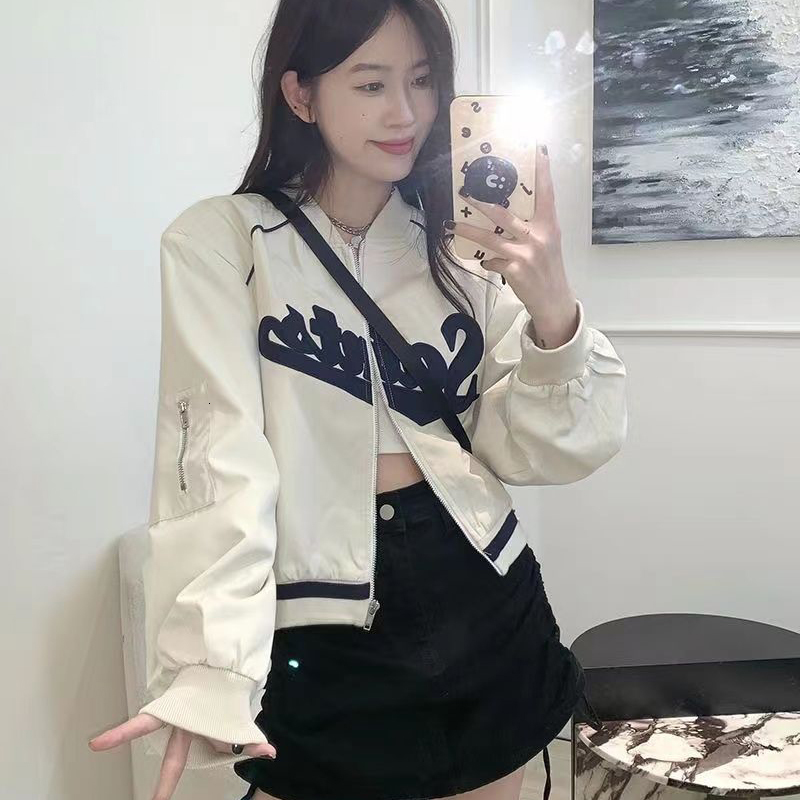 Women's Jackets Gidyq Letter Embroidery Baseball Jacket Women Fashion All Match Cropped Outerwear Harajuku Zipper Female Streetwear Thin Coat 230