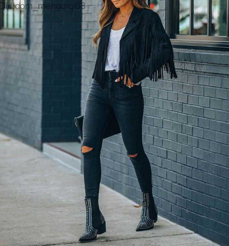 Women's Jackets Fringed Woman Leather Jacket Autumn Fashion For Women Slim Short Coats Clothes Long-sleeved Solid Streetwear Z230818