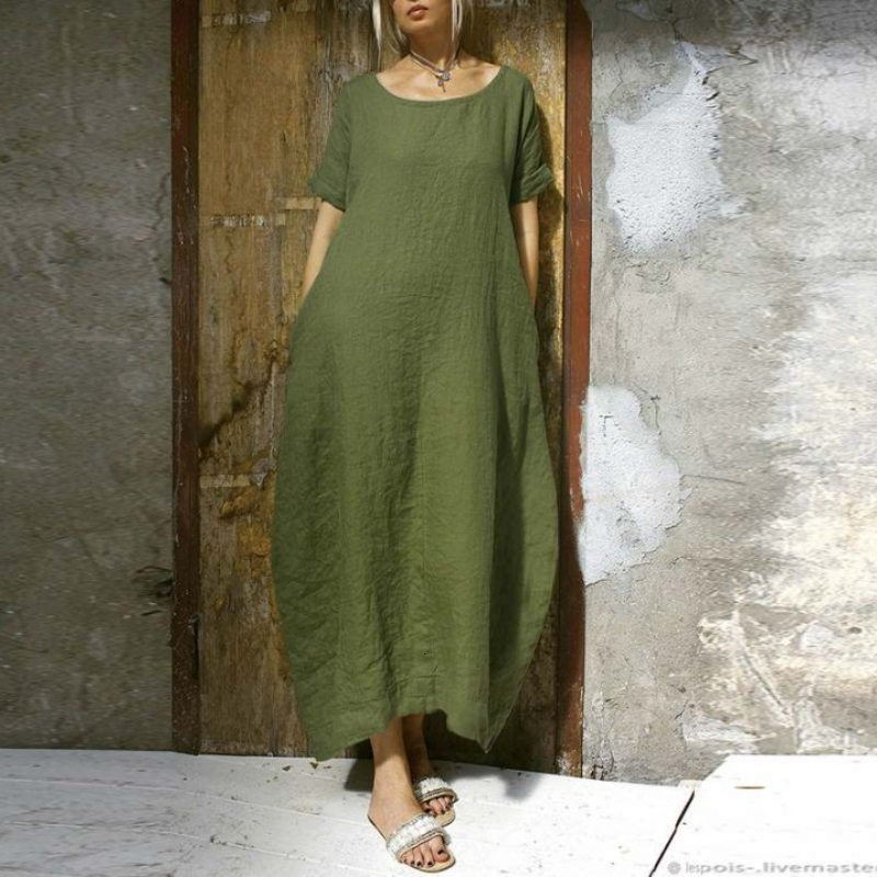 Basic Casual Dresses Summer Women Dress Solid Color ONeck Pocket Short Sleeve Loose Elegant Vintage Fashion Long 230817