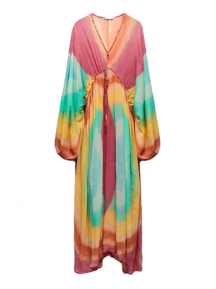 Basic Casual Dresses Women Summer Tie Dye Contrasting Color Dress Holiday Female V Neck Lace Up Loose Long Lady Beachwear Vestido 230817