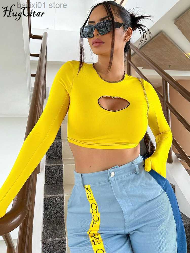 Women's T-Shirt Hugcitar Women Fall Fashion Solid Long Sleeve With Gloves Hollow Out Bodycon Sexy Crop Top Tshirt Vintage Streetwear Y2K Party T2