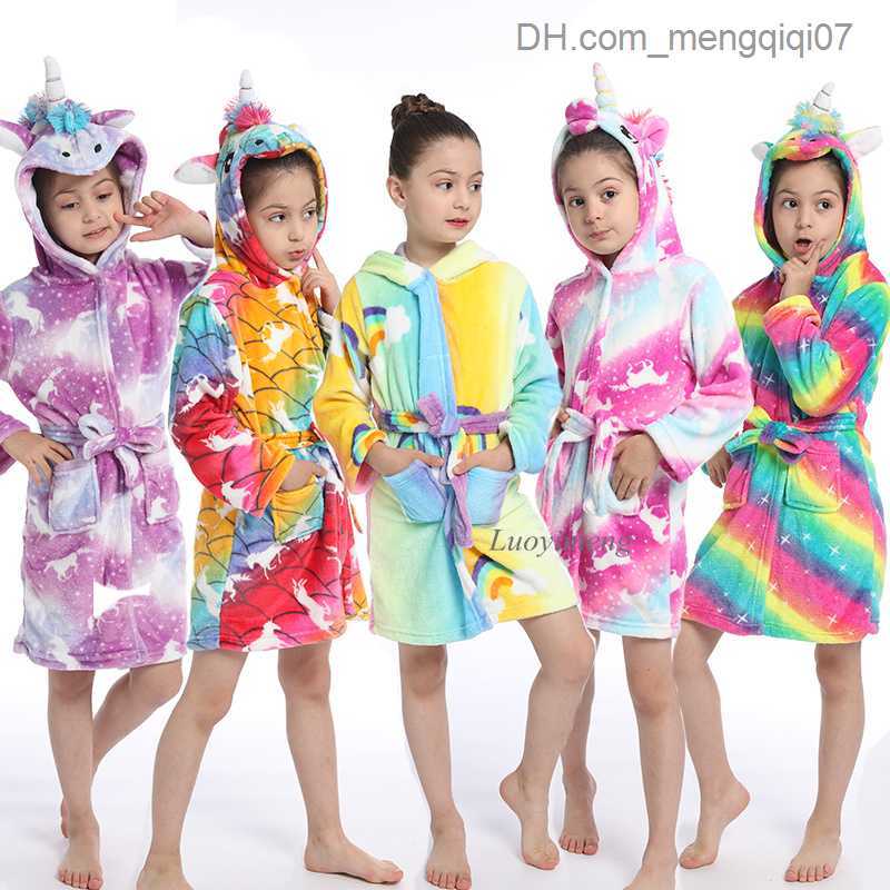 Towels Robes Baby girl unicorn pajamas winter warm bath children's clothing robe hooded full set baby bath towel animal bath towel Z230819