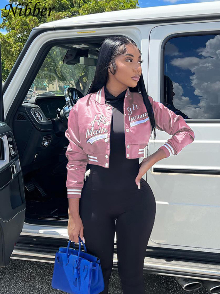Womens Jackets Nibber Letter Embroidery Warm Short Baseball Jacket Women Casual Oneck Slim Vintage Cropped Coat femal Top Streetwear Clothing 230818