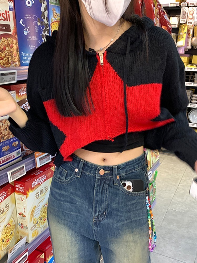 Womens Knits Tees Tonngirls Y2k Retro Cardigan Women Patchwork Stars Sweater Vintage Knitted Cropped Hooded Streetwear Cashmere 230818