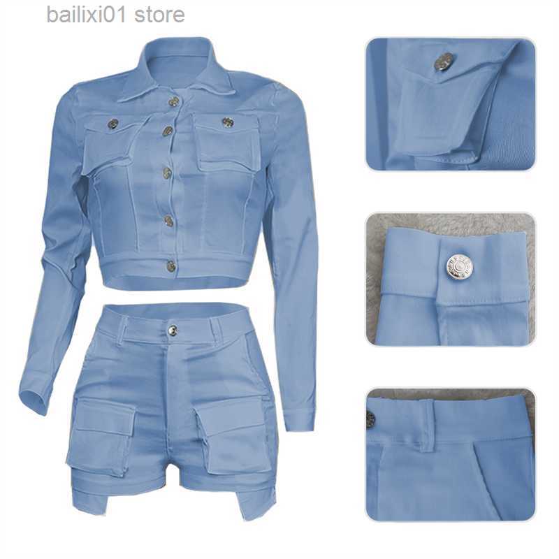 Women's Two Piece Pants Solid Multi Pockets Cargo Two Piece Set Women Turn Down Collar Long Sleeve Single Breasted Shirts Crop Top Matching Short