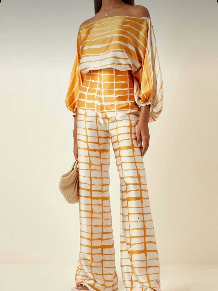 Womens Two Piece Pants Fashion Print Satin 2 Sets Women Casual Lantern Sleeve Off Shoulder Top Wide Leg Suit Chic Blouse Office Lady Outfit 230818