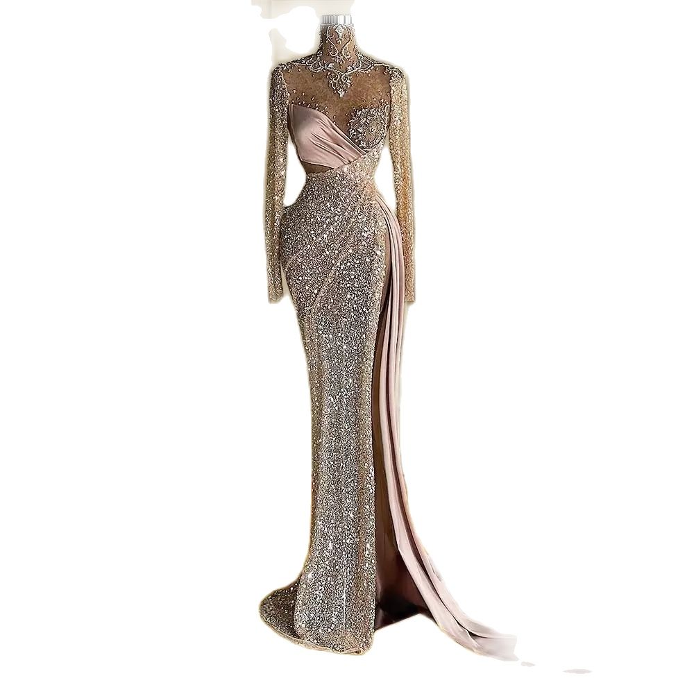 Sexy Mermaid Formal Evening Prom Dresses Long Sleeves High Neck Sparkly Beaded Floor Length Lace Appliqued Luxury Ladies Gown
