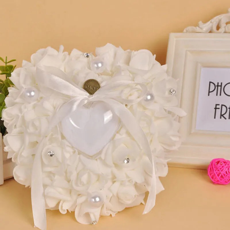 Wedding Ceremony Ivory Satin Crystal Bearer Pillow Cushion Ring PillowZZ