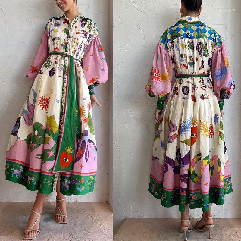 Casual Dresses Vintage Printed Lantern Sleeve A-line Dress For Women Elegant Female Long Holiday Summer Robe