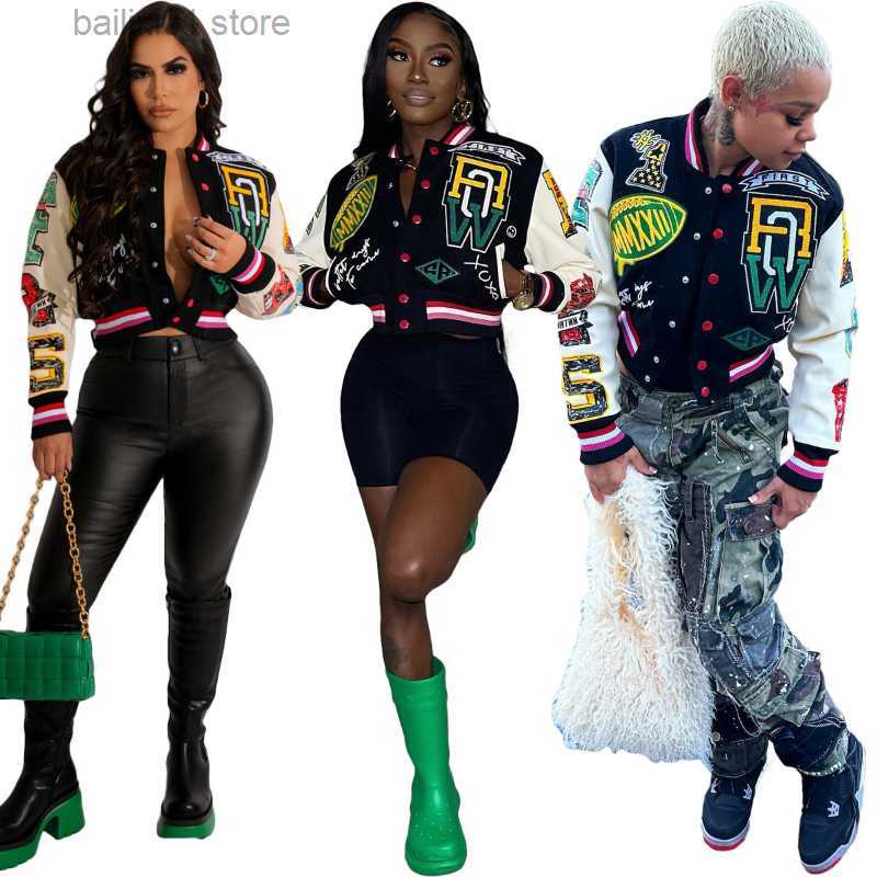 Women's Jackets Letter Printed Patchwork Baseball Jackets 2022 Fall Single Breasted Long Sleeve Short Coats Female Streetwear Crop Tops T230817